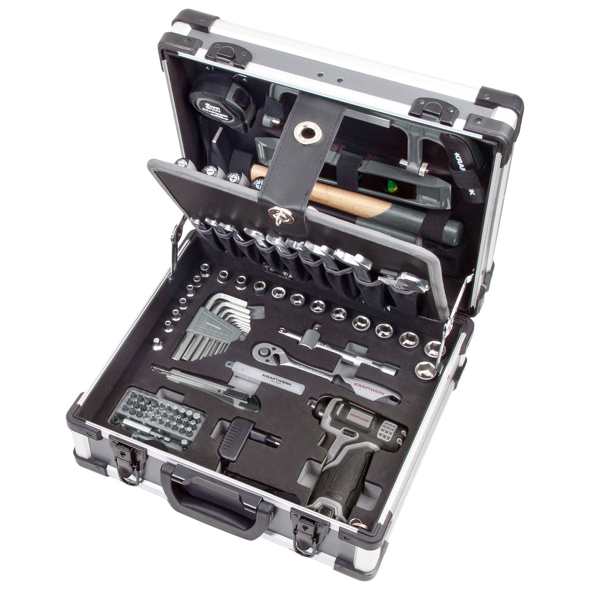Kraftwerk BASIC LINE 1/4" + 3/8" Umschaltknarren Steckschlüsselsatz Werkzeugkoffer, mit Akkuschrauber 103-tlg
