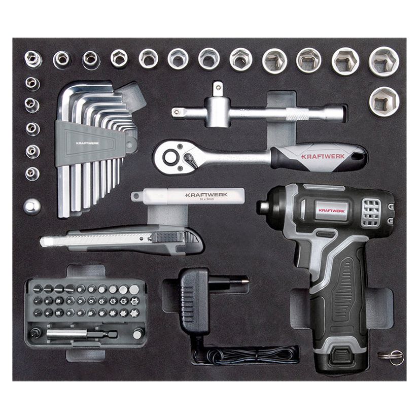 Kraftwerk BASIC LINE 1/4" + 3/8" Umschaltknarren Steckschlüsselsatz Werkzeugkoffer, mit Akkuschrauber 103-tlg