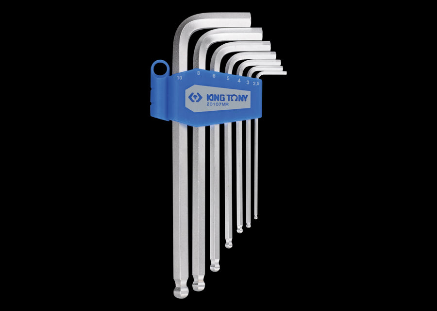 KING TONY Profi-Werkzeuge - 6-Kantschlüssel-Set, runder Kopf, lang, metrisch - 7 tlg. 20107MR01