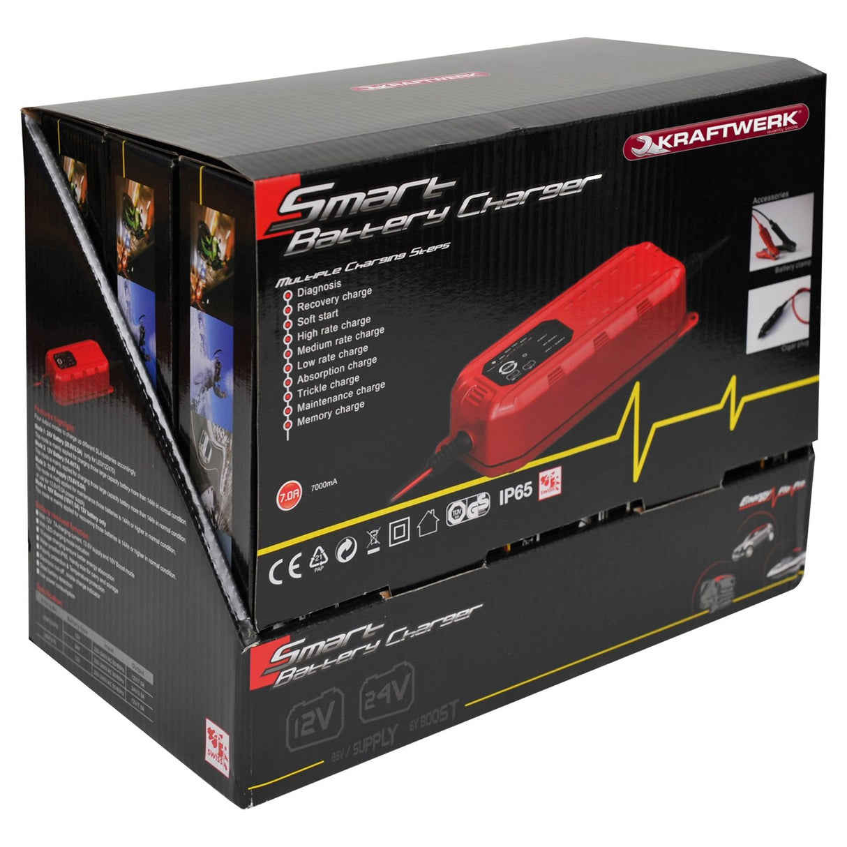 Kraftwerk Batterie-Ladegerät 12 / 24 V, 7 A, Verkaufsdisplay mit 6 Stk