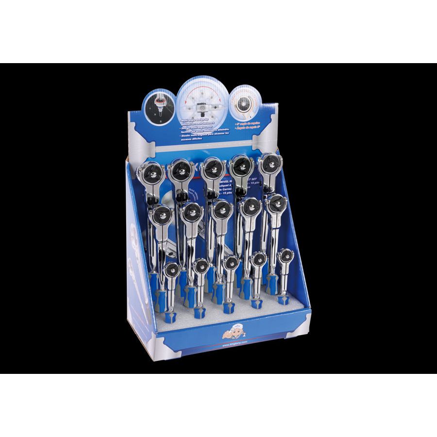 KING TONY Profi-Werkzeuge - Verkaufsdisplay mit Umschaltratschen, 260° drehbar - 15 tlg. 9415GR