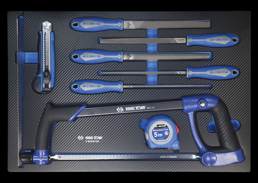 KING TONY Profi-Werkzeuge - Feilen, Eisensäge, Messwerkzeuge, EVAWAVE - 9 tlg. 990409TQE