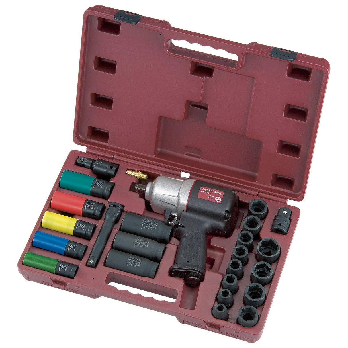 Kraftwerk PRO LINE 1/2" Druckluftschlagschrauber Set mit Steckschlüsseleinsätzen, 24-tlg