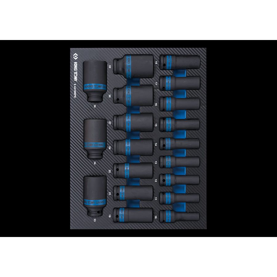 KING TONY Profi-Werkzeuge - 1/2" Kraft-Steckschlüsselset, lang, metrisch EVAWAVE - 19 tlg. 94419MPE