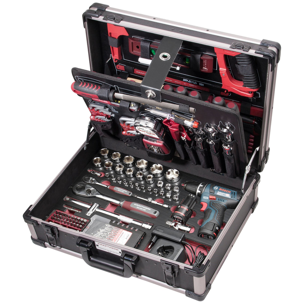 Kraftwerk PRO LINE 1/4" + 1/2" Werkzeugkoffer mit Akku-Bohrschrauber von Bosch, 264-tlg