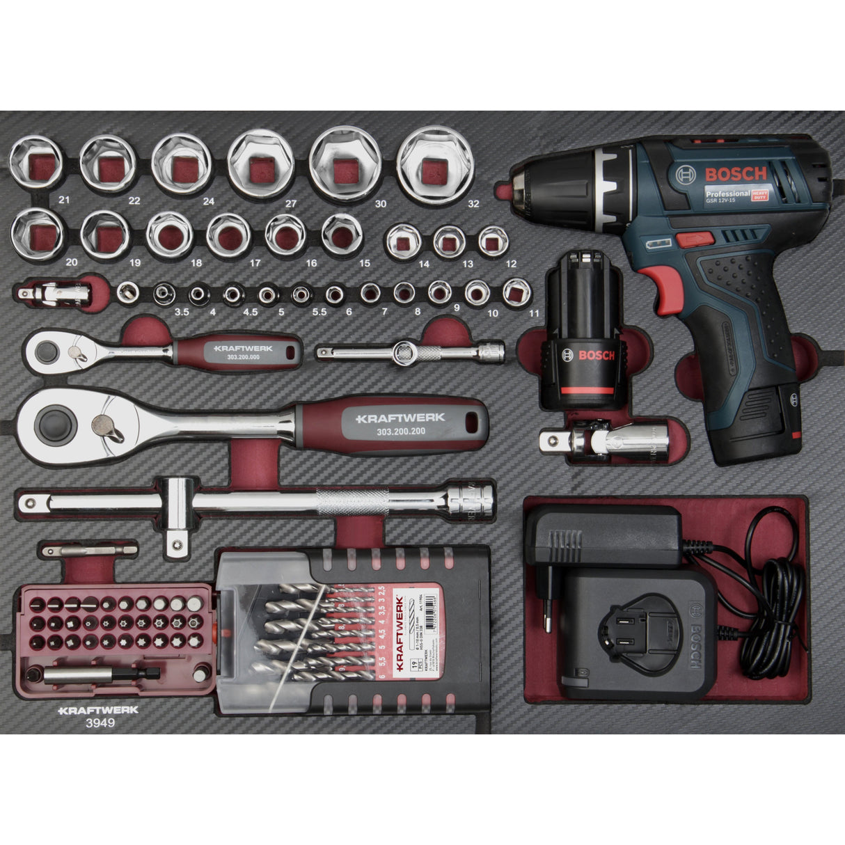 Kraftwerk PRO LINE 1/4" + 1/2" Werkzeugkoffer mit Akku-Bohrschrauber von Bosch, 264-tlg