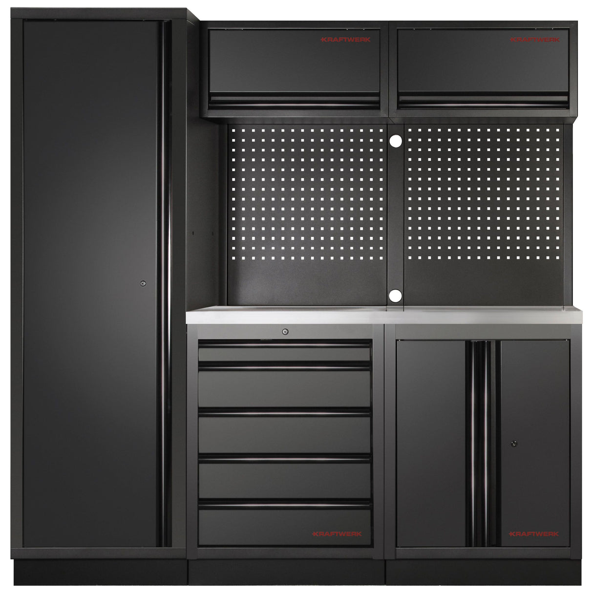 Kraftwerk Mobilio Werkstatteinrichtung, Werkbank Black Edition 3er Kombi mit 5 Schubladen, 4 Schränken, Vierkant-Lochwand, Arbeitsplatte Edelstahl