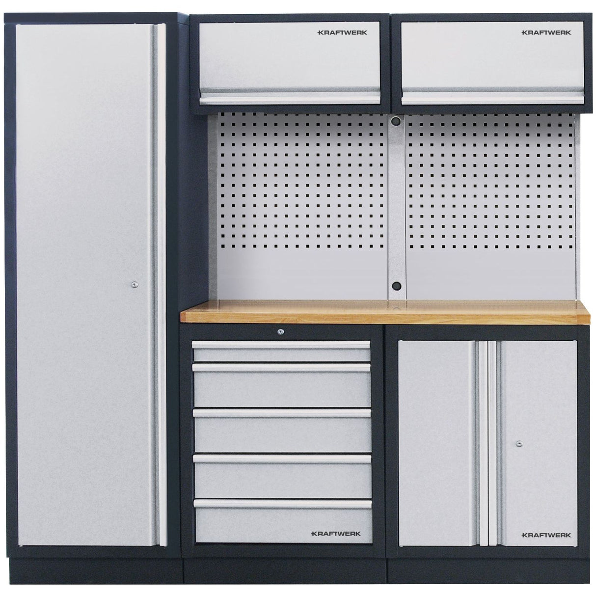 Kraftwerk Mobilio DEEP 721 mm Tiefe Werkstatteinrichtung, Werkbank 3er Kombi mit 5 Schubladen, 4 Schränken, Vierkant-Lochwand, Arbeitsplatte Buche Multiplex