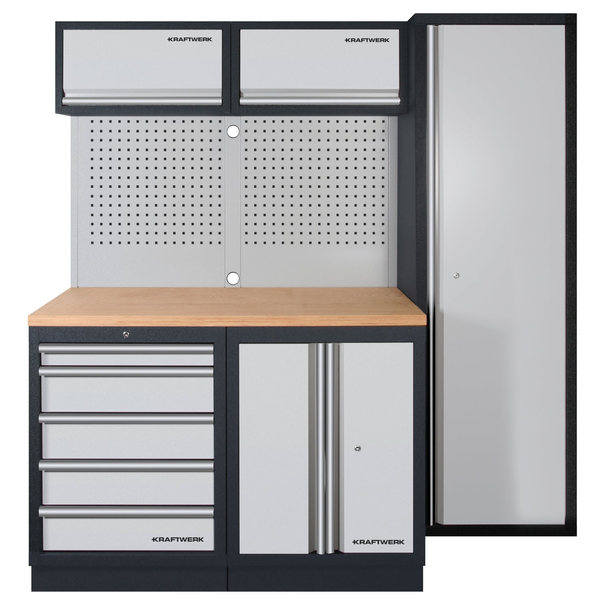 Kraftwerk Mobilio DEEP 721 mm Tiefe Werkstatteinrichtung, Werkbank 3er Kombi mit 5 Schubladen, 4 Schränken, Vierkant-Lochwand, Arbeitsplatte Buche Multiplex