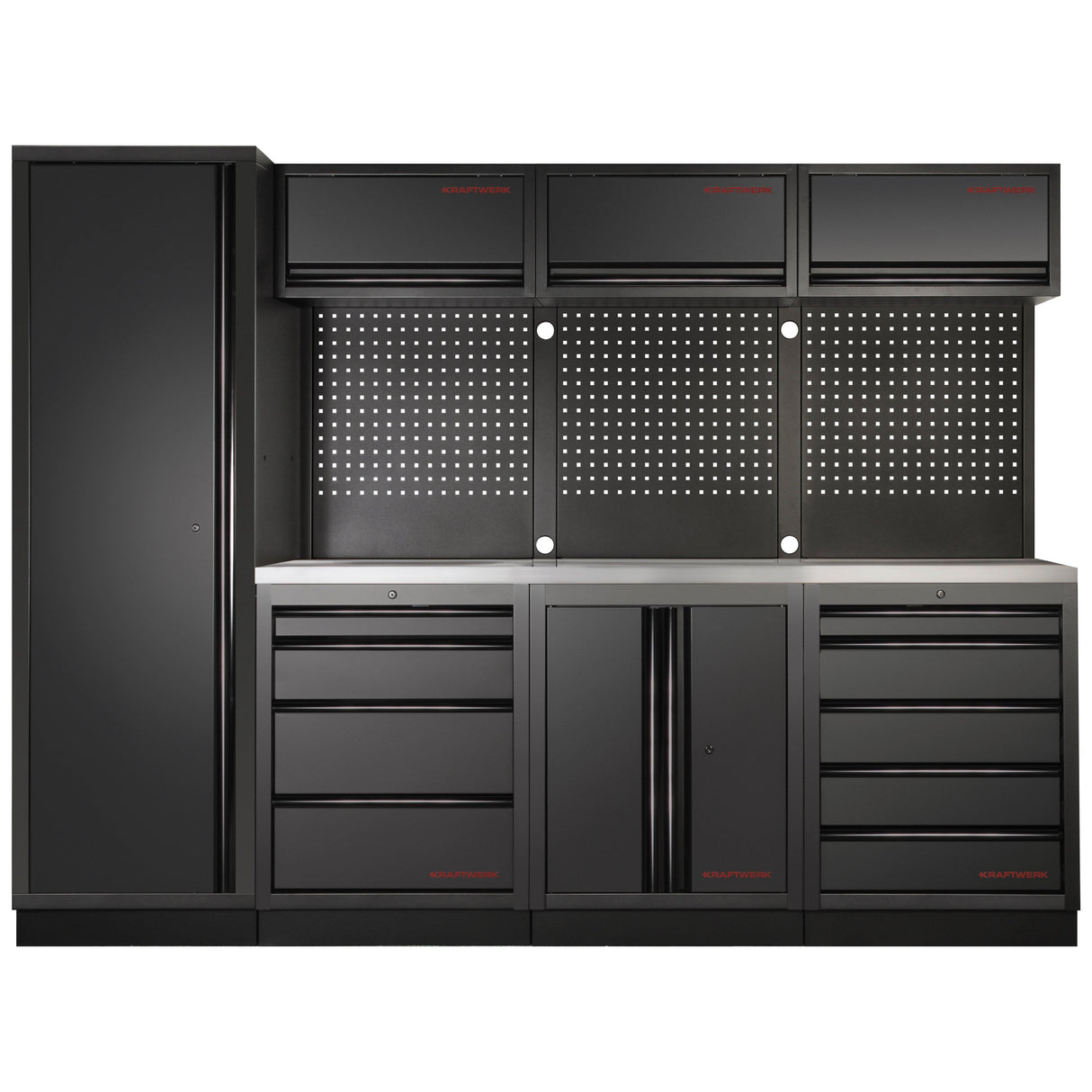 Kraftwerk Mobilio Werkstatteinrichtung, Werkbank Black Edition 4er Kombi mit 9 Schubladen, 5 Schränken, Vierkant-Lochwand, Arbeitsplatte Edelstahl