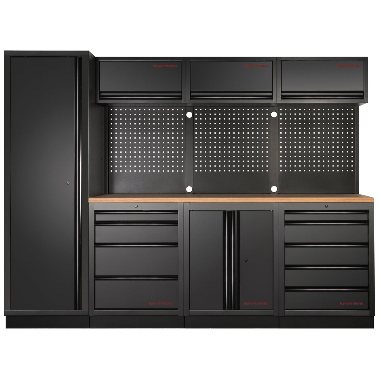 Kraftwerk Mobilio Werkstatteinrichtung, Werkbank Black Edition 4er Kombi mit 9 Schubladen, 5 Schränken, Vierkant-Lochwand, Arbeitsplatte Buche