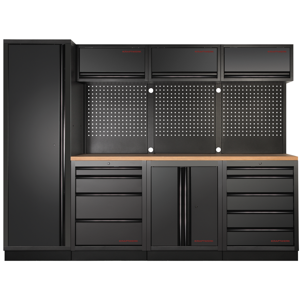 Kraftwerk Mobilio Werkstatteinrichtung, Werkbank Black Edition 4er Kombi mit 9 Schubladen, 5 Schränken, Vierkant-Lochwand, Arbeitsplatte Buche