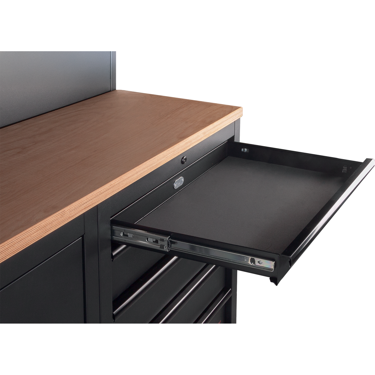 Kraftwerk Mobilio Werkstatteinrichtung, Werkbank Black Edition 4er Kombi mit 9 Schubladen, 5 Schränken, Vierkant-Lochwand, Arbeitsplatte Buche