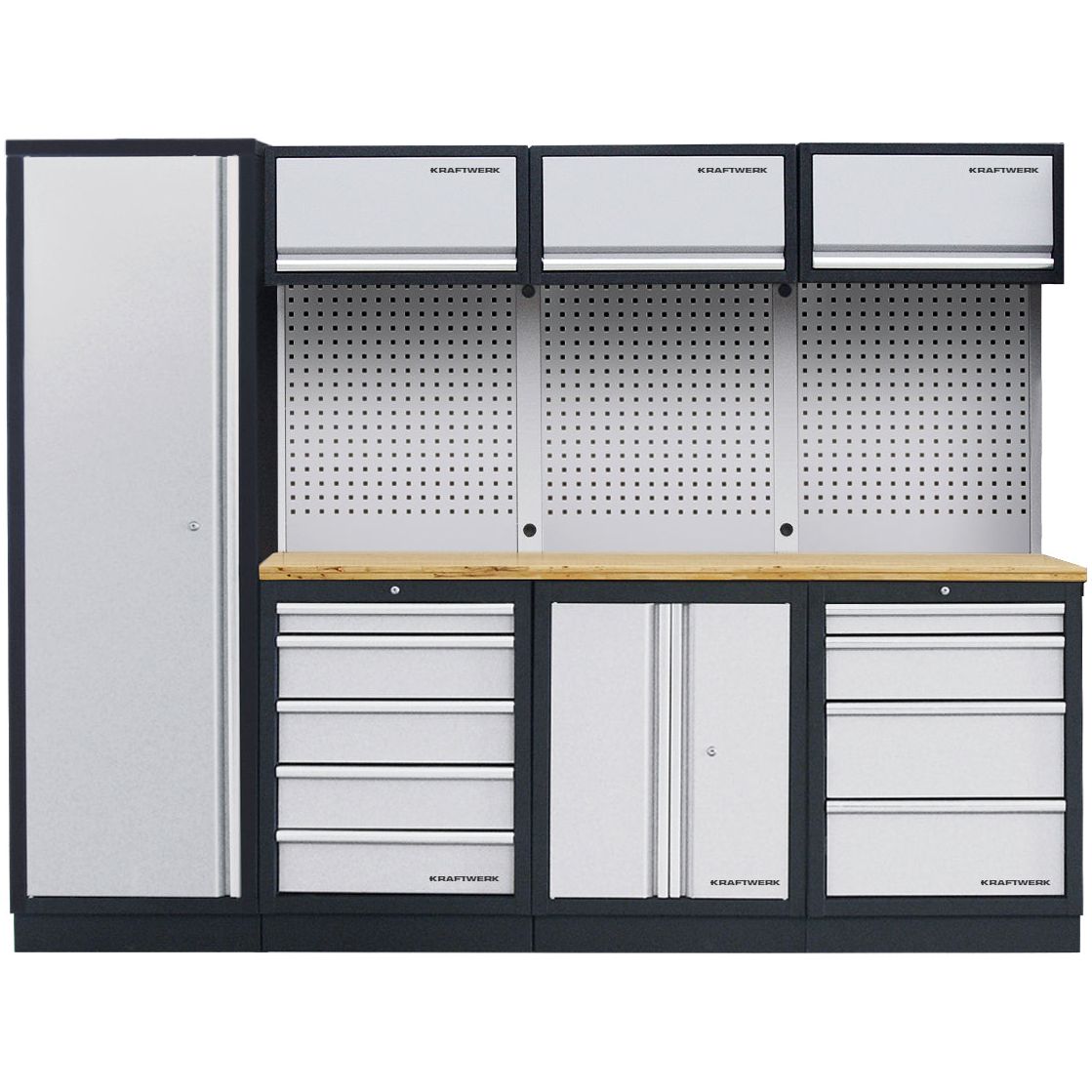 Kraftwerk Mobilio DEEP 721 mm Tiefe Werkstatteinrichtung, Werkbank 4er Kombi mit 9 Schubladen, 5 Schränken, Vierkant-Lochwand, Arbeitsplatte Buche Multiplex