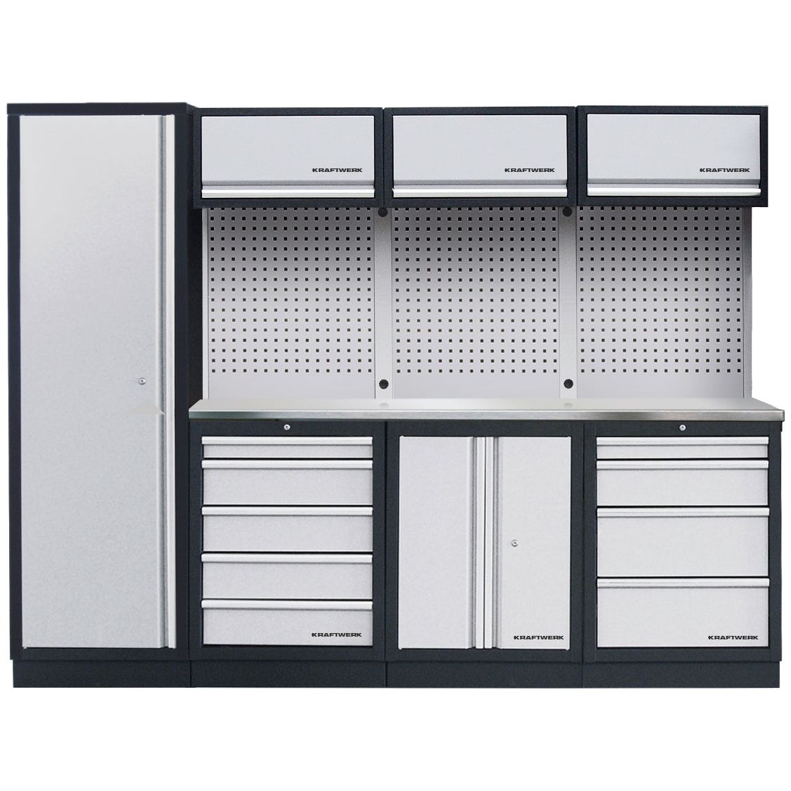 Kraftwerk Mobilio Werkstatteinrichtung, Werkbank 4er Kombi mit 9 Schubladen, 5 Schränken, Vierkant-Lochwand, Arbeitsplatte Edelstahl