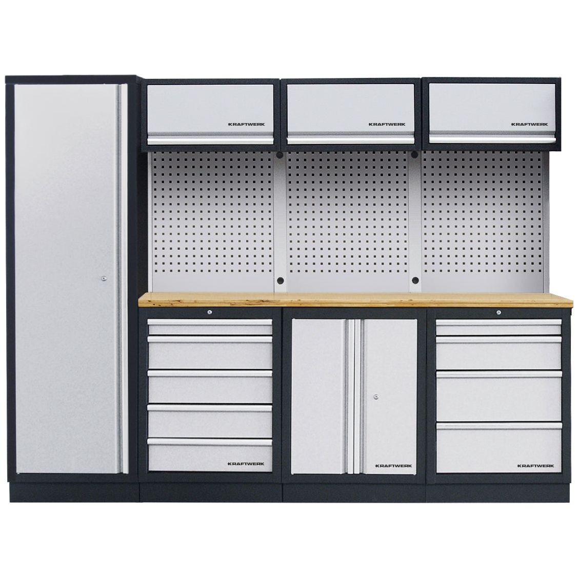Kraftwerk Mobilio Werkstatteinrichtung, Werkbank 4er Kombi mit 9 Schubladen, 5 Schränken, Vierkant-Lochwand, Arbeitsplatte Buche Multiplex