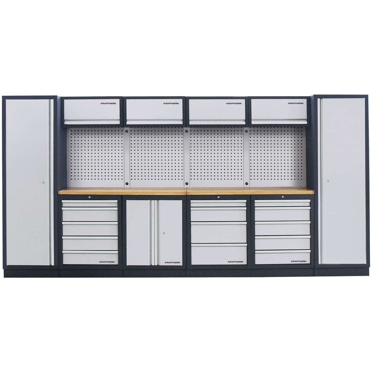 Kraftwerk Mobilio Werkstatteinrichtung DEEP 721 mm Tiefe, Werkbank 6er Kombi mit 14 Schubladen, 7 Schränken, Vierkant-Lochwand, Arbeitsplatte Buche Multiplex