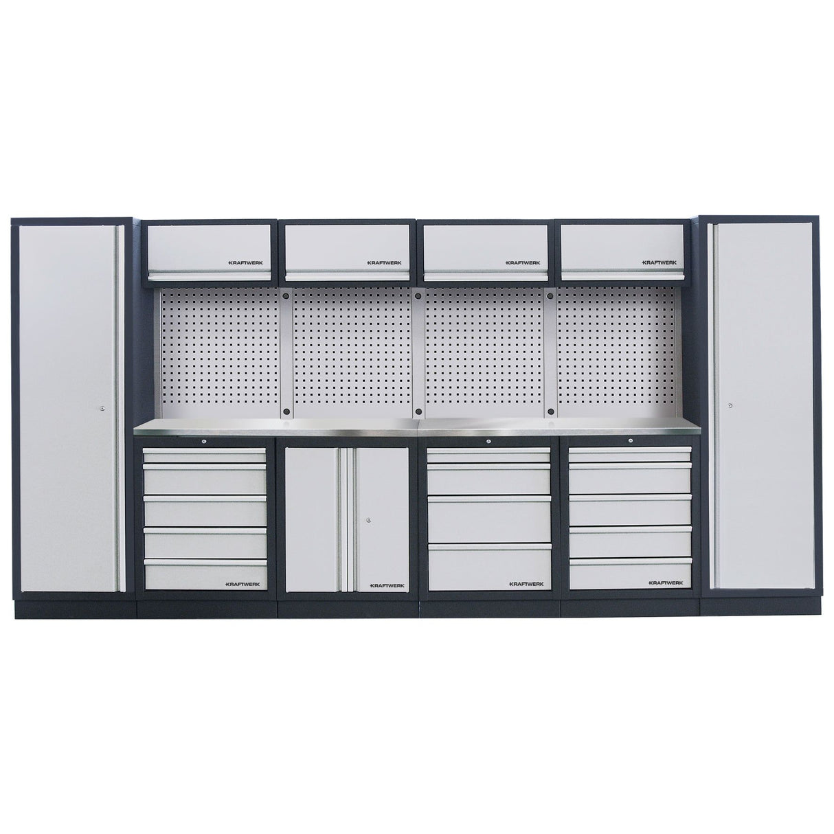 Kraftwerk Mobilio Werkstatteinrichtung, Werkbank 6er Kombi mit 14 Schubladen, 7 Schränken, Vierkant-Lochwand, Arbeitsplatte Edelstahl