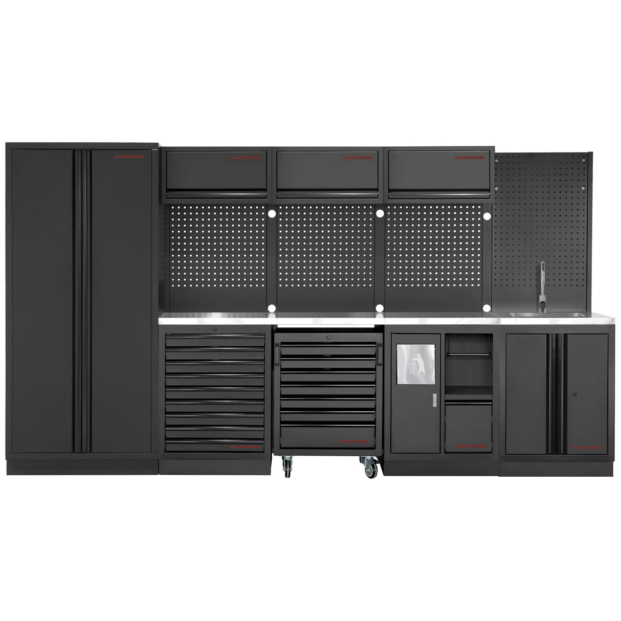 An image of a Kraftwerk Mobilio Black Edition workshop cabinet system is shown, which is a modular workbench with a stainless steel worktop and tool walls, available from Tools.de.