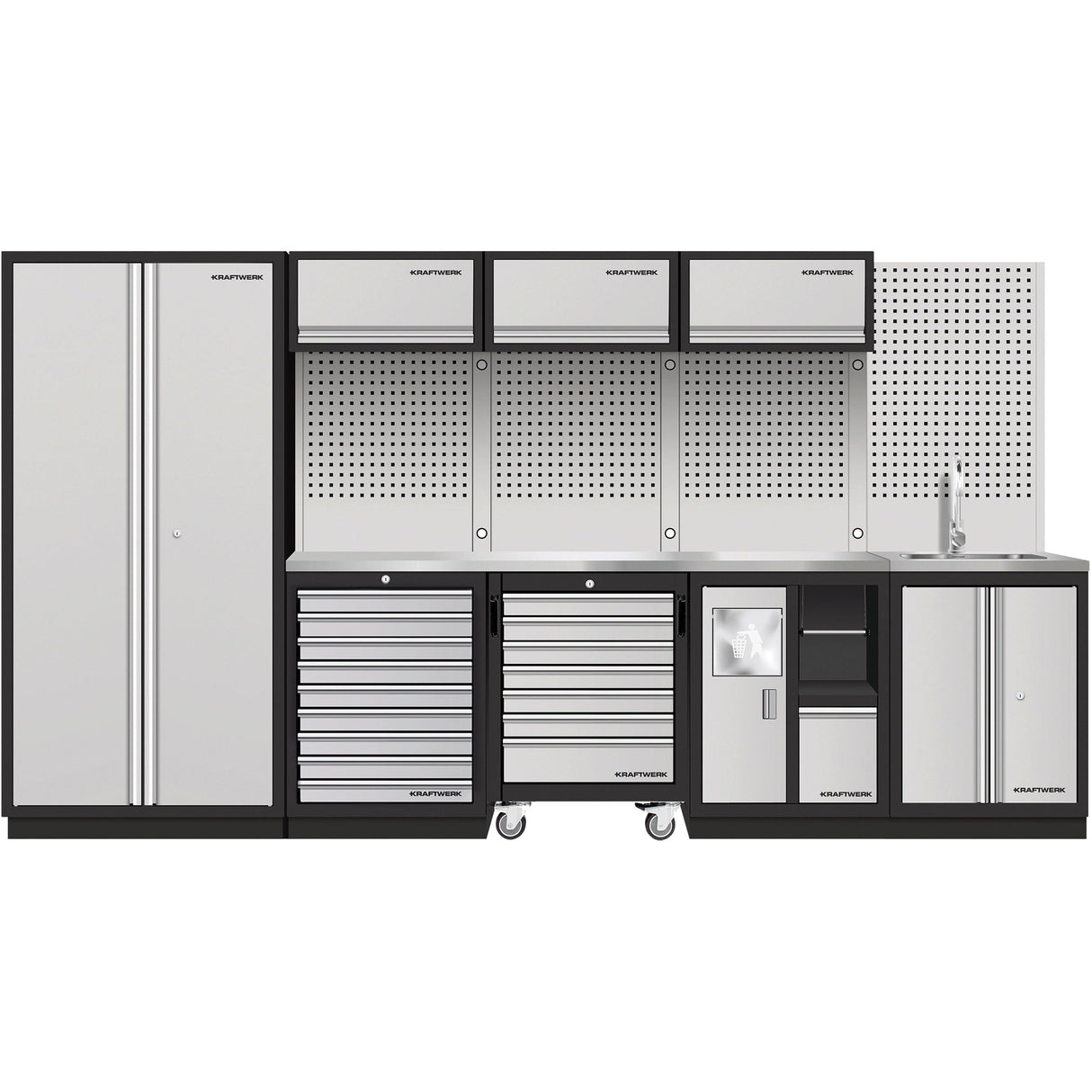 Kraftwerk Mobilio Werkstatteinrichtung, Werkbank SANITORY 4er Kombi mit 9 Schubladen, 4 Schränken, Unterschrank-Werkstattwagen, Papierrollenhalter