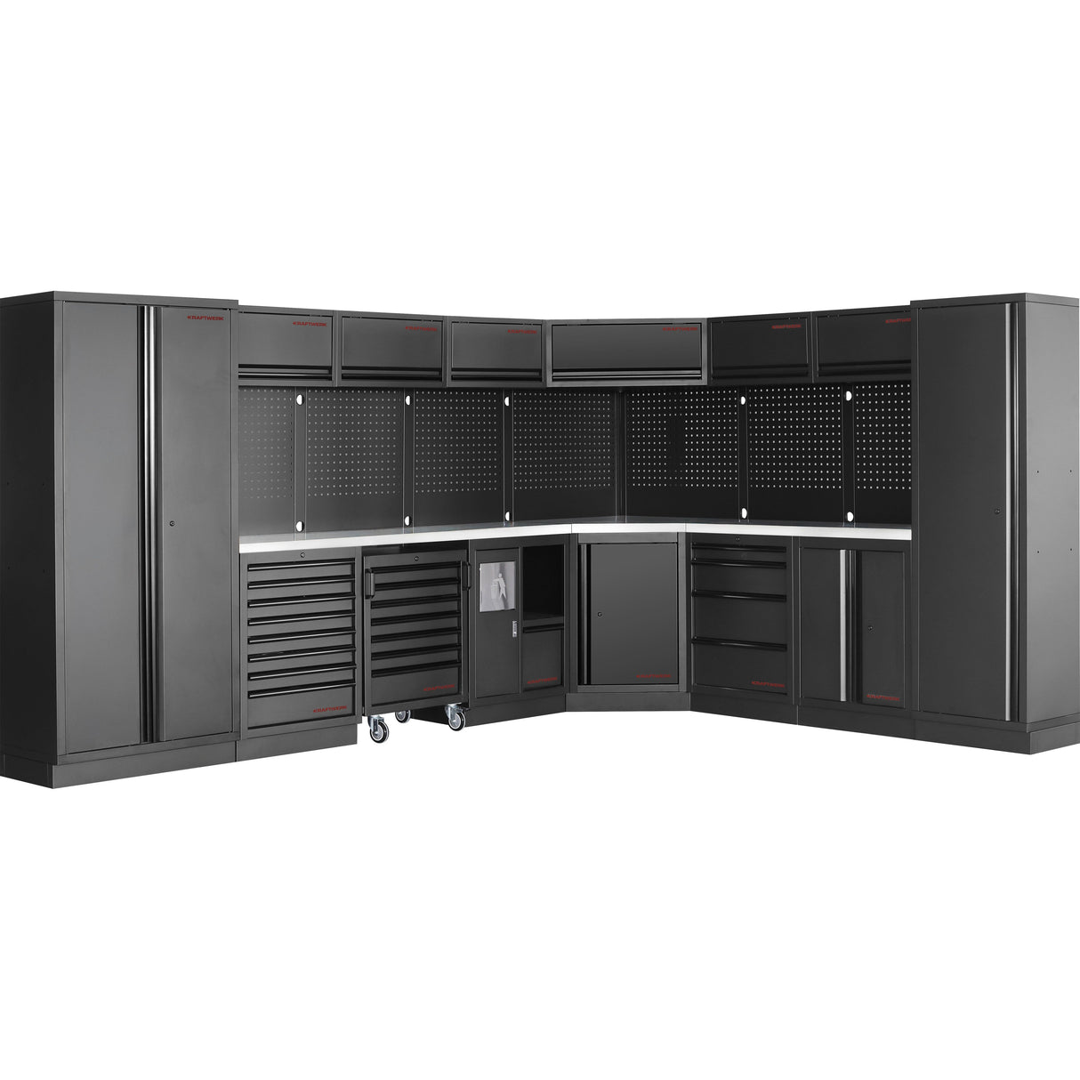 A modern, corner L-shaped workshop storage system in sleek black, featuring multiple cabinets, deep drawers, and perforated panels for tool organization, with a sturdy workbench surface and casters for mobility, available from Tools.de as part of their premium Kraftwerk and King Tony collections.