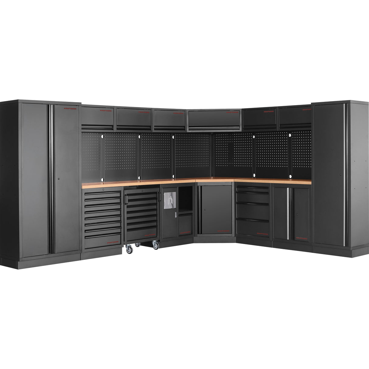 Tools.de black modular corner garage cabinet system with tall lockers, drawers, pegboards, and wooden worktop for workshop storage.