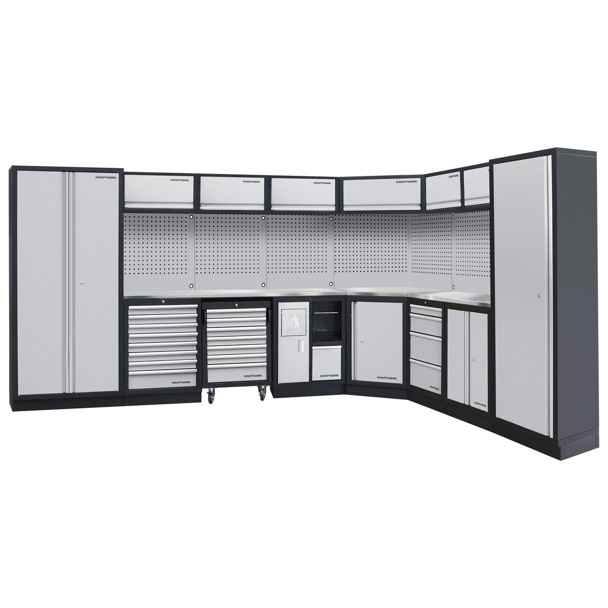 A modular L-shaped garage storage system in gray and black, featuring tall cabinets, multiple drawers, upper wall cabinets, a pegboard backsplash, a built-in sink, and a central workstation area with some sections on wheels for mobility.
