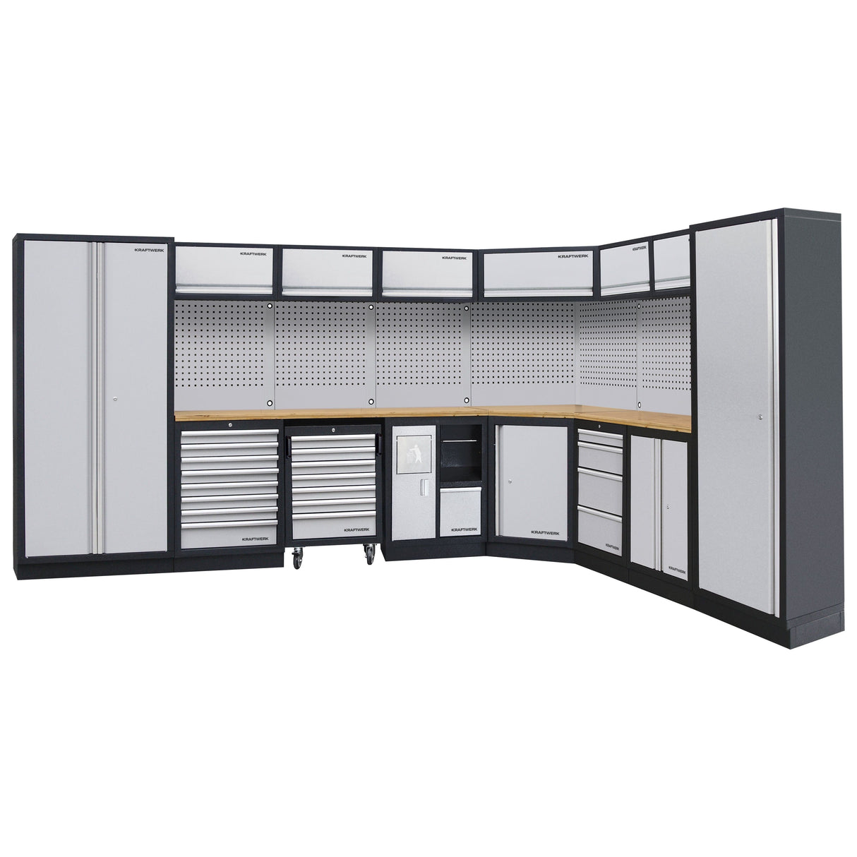 Kraftwerk Mobilio Werkstatteinrichtung, Werkbank 8er Eck-Kombi mit 14 Schubladen, 10 Schränken, Unterschrank-Werkstattwagen, Papierrollenhalter