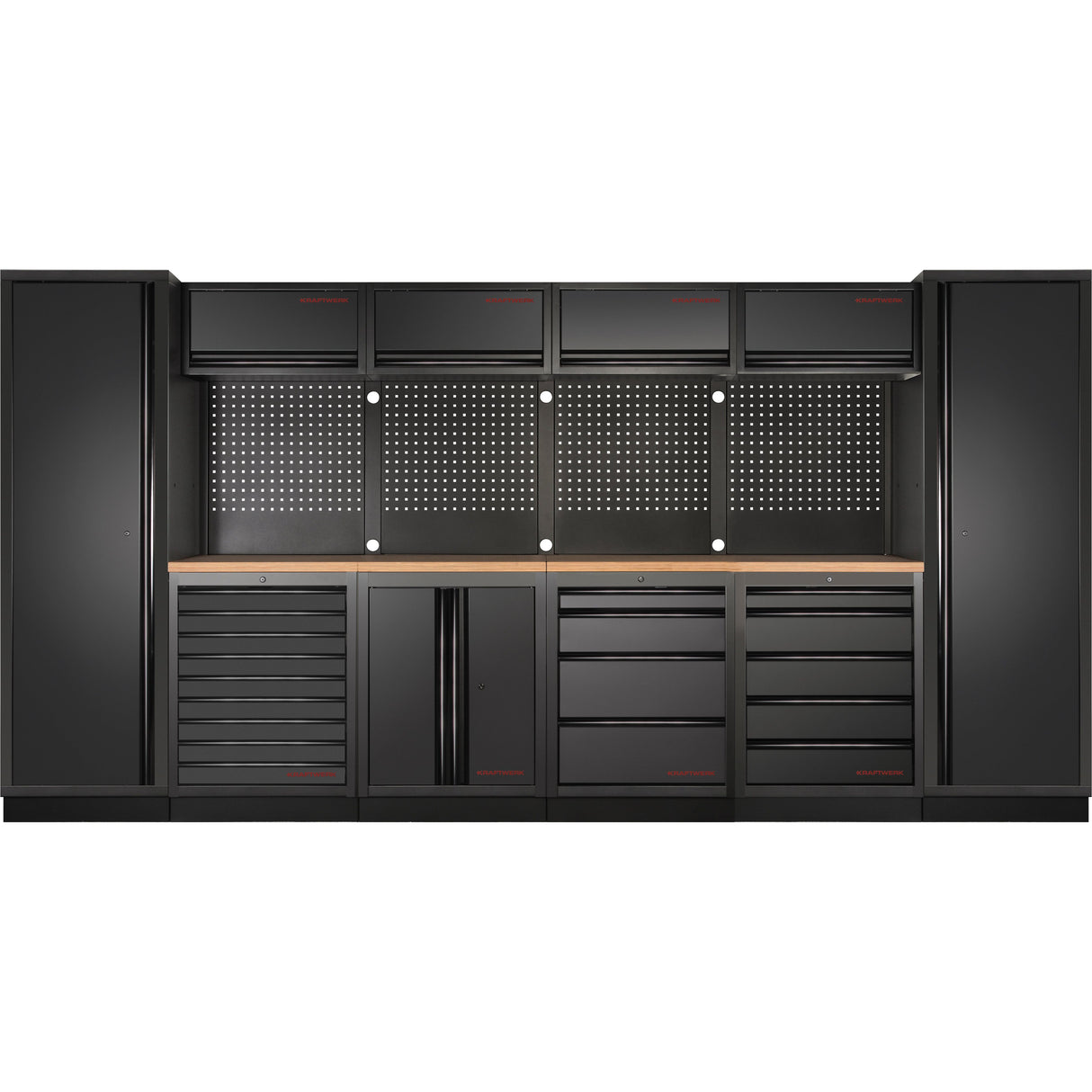 Kraftwerk DEEP Mobilio Werkstatteinrichtung 721 mm Tiefe, Werkbank Black Edition 6er Kombi mit 18 Schubladen, 7 Schränken, Vierkant-Lochwand, Arbeitsplatte Buche