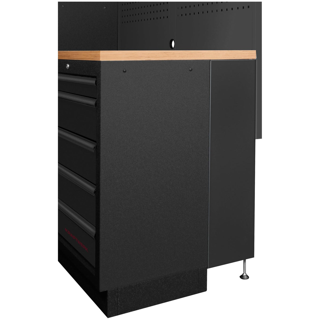 Kraftwerk DEEP Mobilio Werkstatteinrichtung 721 mm Tiefe, Werkbank Black Edition 6er Kombi mit 18 Schubladen, 7 Schränken, Vierkant-Lochwand, Arbeitsplatte Buche