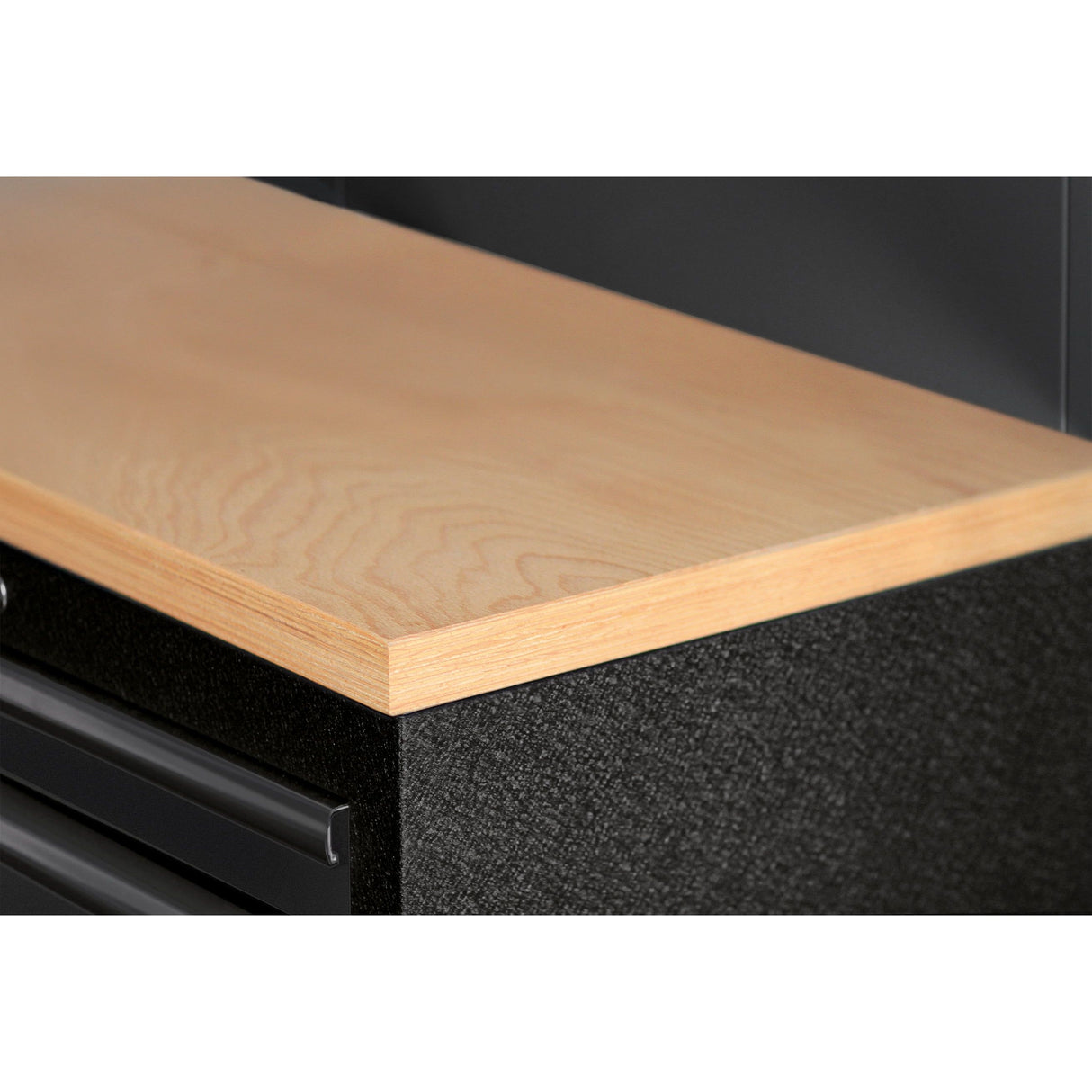 Kraftwerk Mobilio Werkstatteinrichtung, Werkbank Black Edition 6er Kombi mit 18 Schubladen, 7 Schränken, Vierkant-Lochwand, Arbeitsplatte Buche