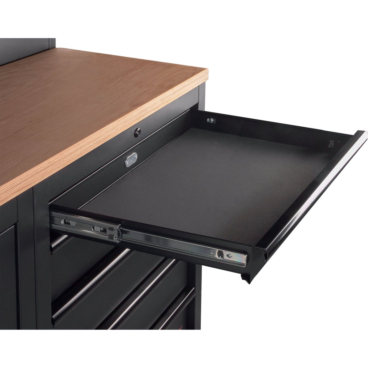 Kraftwerk Mobilio Werkstatteinrichtung, Werkbank Black Edition 6er Kombi mit 18 Schubladen, 7 Schränken, Vierkant-Lochwand, Arbeitsplatte Buche