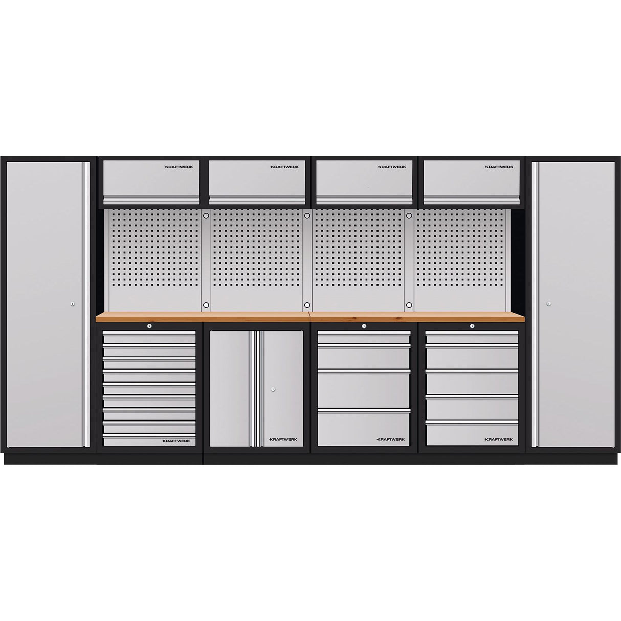 Kraftwerk Mobilio Werkstatteinrichtung, Werkbank 6er Kombi mit 18 Schubladen, 7 Schränken, Vierkant-Lochwand, Arbeitsplatte Buche Multiplex