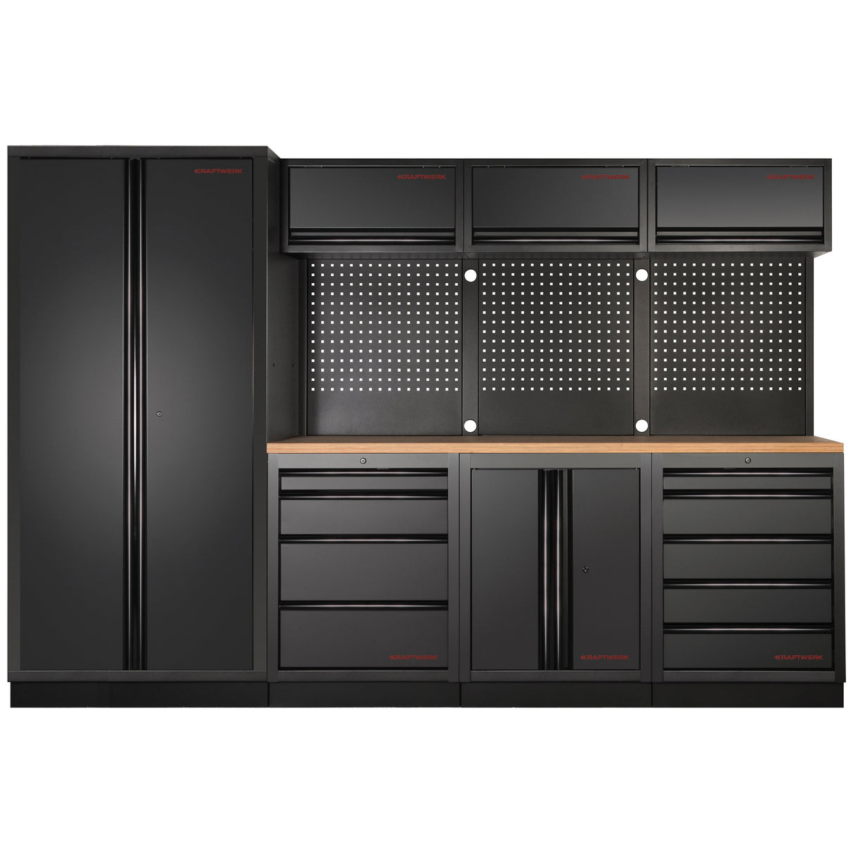 Tools.de black modular garage storage cabinet system with drawers, tall locker, pegboard, and wooden worktop for organized tool storage.