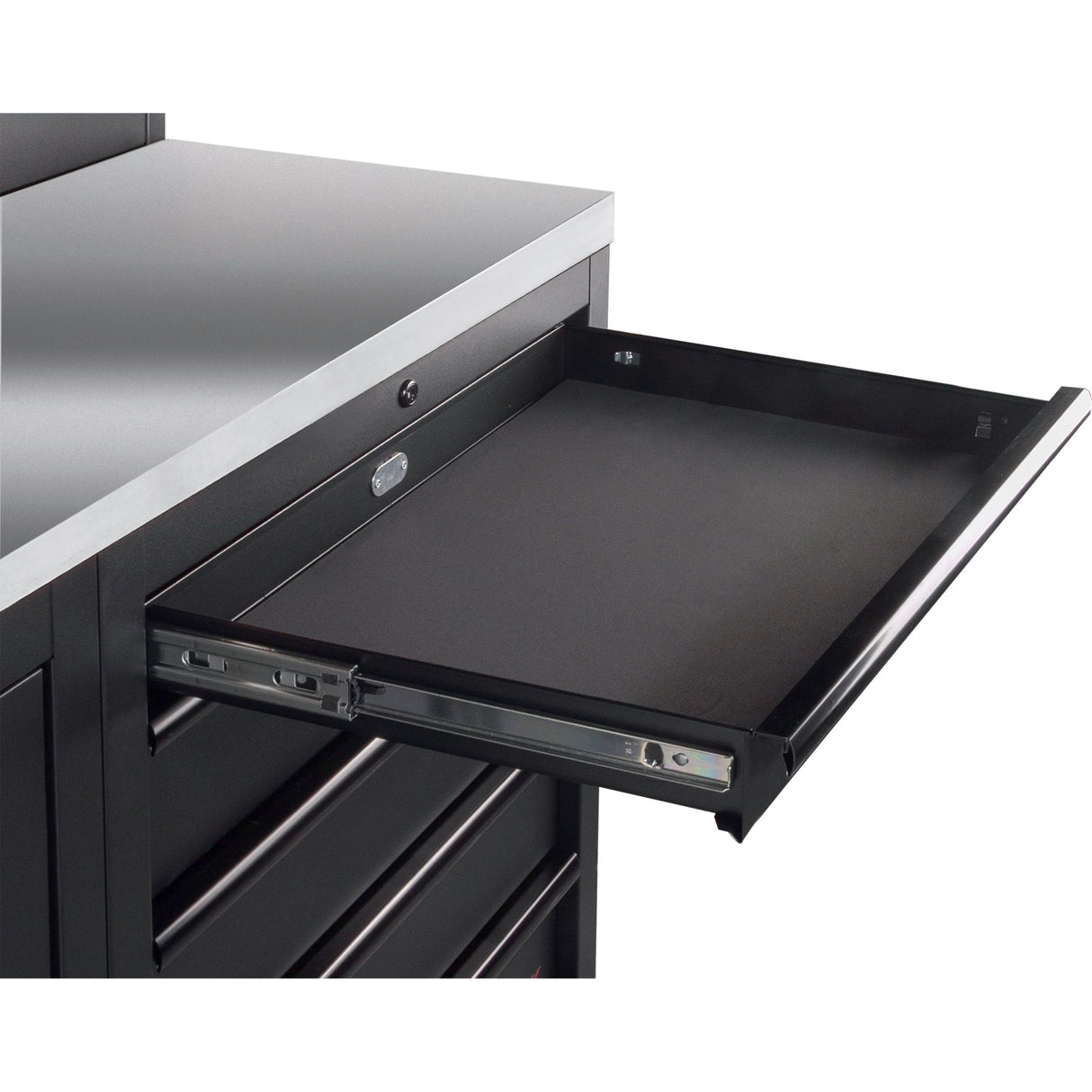 Kraftwerk Mobilio Werkstatteinrichtung, Werkbank Black Edition 4er Kombi mit 9 Schubladen, 5 Schränken, Vierkant-Lochwand, Arbeitsplatte Edelstahl
