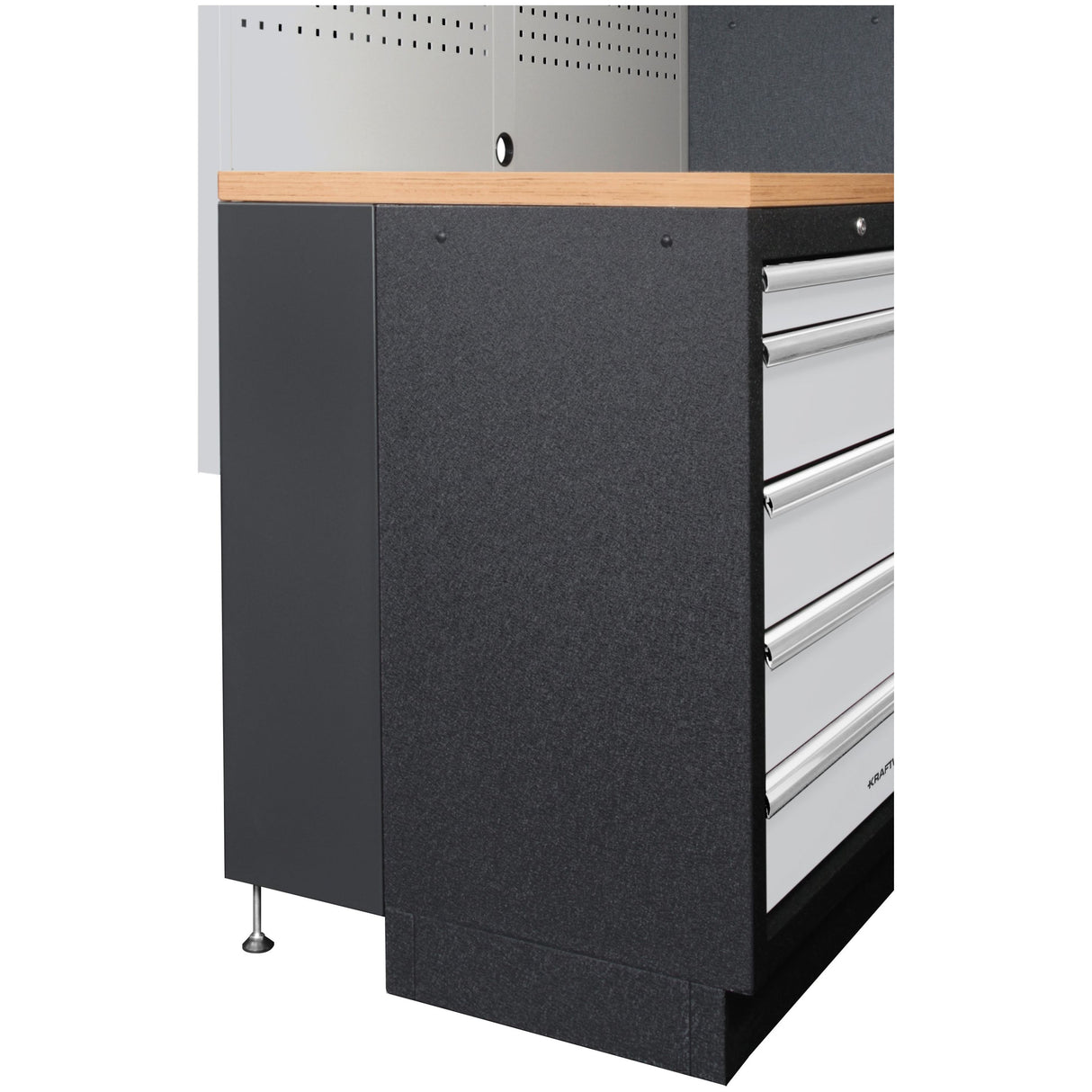 Kraftwerk Mobilio DEEP Werkstatteinrichtung Tiefe 721 mm, Werkbank 4er Kombi mit 9 Schubladen, 5 Schränken, Vierkant-Lochwand, Arbeitsplatte Buche Multiplex