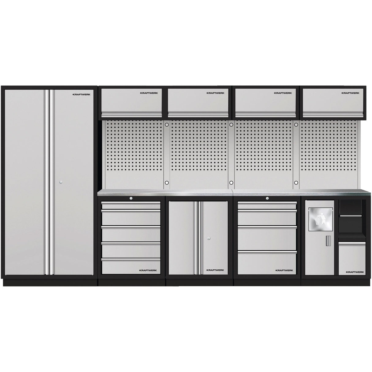 Kraftwerk Mobilio Werkstatteinrichtung, Werkbank 5er Kombi mit 9 Schubladen, 6 Schränken, Papierrollenhalter, Vierkant-Lochwand, Arbeitsplatte
