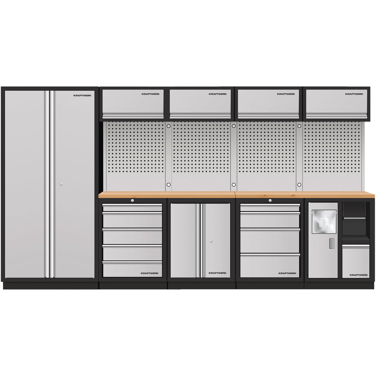 Kraftwerk Mobilio Werkstatteinrichtung, Werkbank 5er Kombi mit 9 Schubladen, 6 Schränken, Papierrollenhalter, Vierkant-Lochwand, Arbeitsplatte Buche