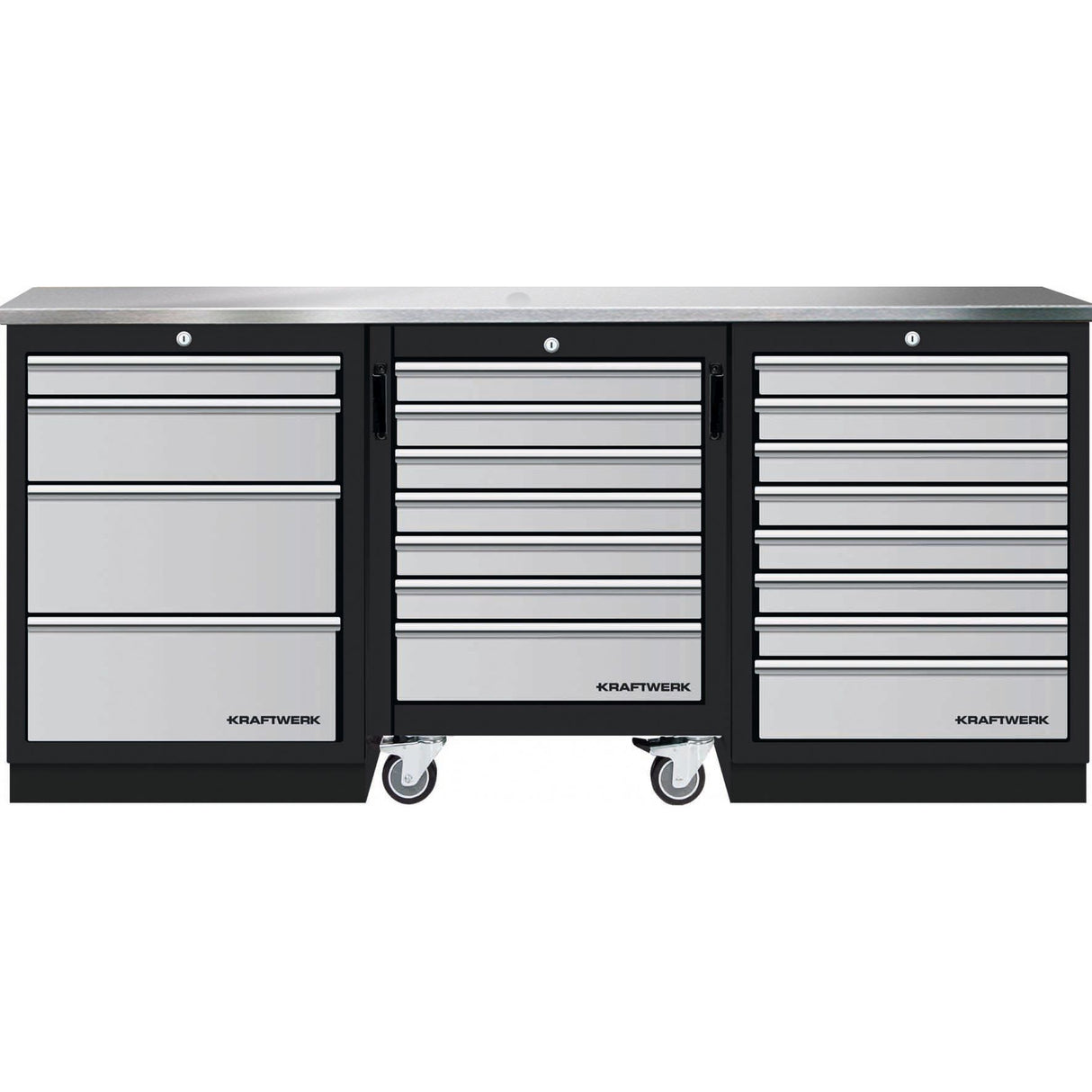 Kraftwerk Mobilio Werkstatteinrichtung, Werkbank 3er Unterschrank-Kombi, 12 Schubladen, Unterschrankrollwagen, Arbeitsplatte Edelstahl