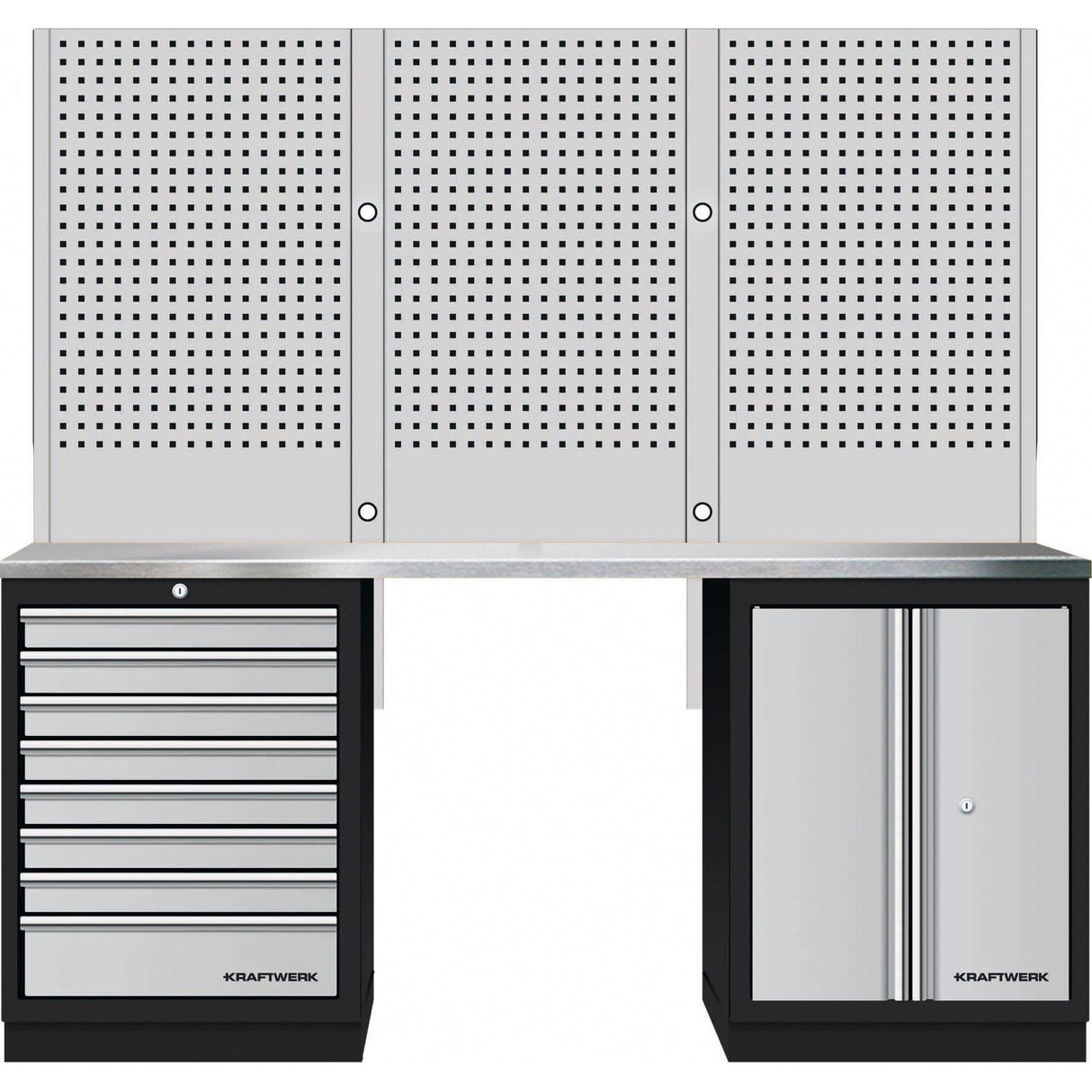 Kraftwerk Mobilio Werkstatteinrichtung, Werkbank 2er Unterschrank-Kombi, 8 Schubladen, 1 Schrank, Vierkant-Lochwand, Arbeitsplatte Edelstahl