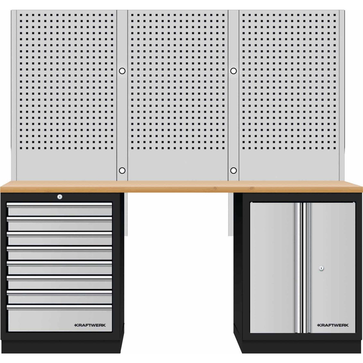 Kraftwerk Mobilio Werkstatteinrichtung, Werkbank 2er Unterschrank-Kombi, 8 Schubladen, 1 Schrank, Vierkant-Lochwand, Arbeitsplatte Buche Multiplex