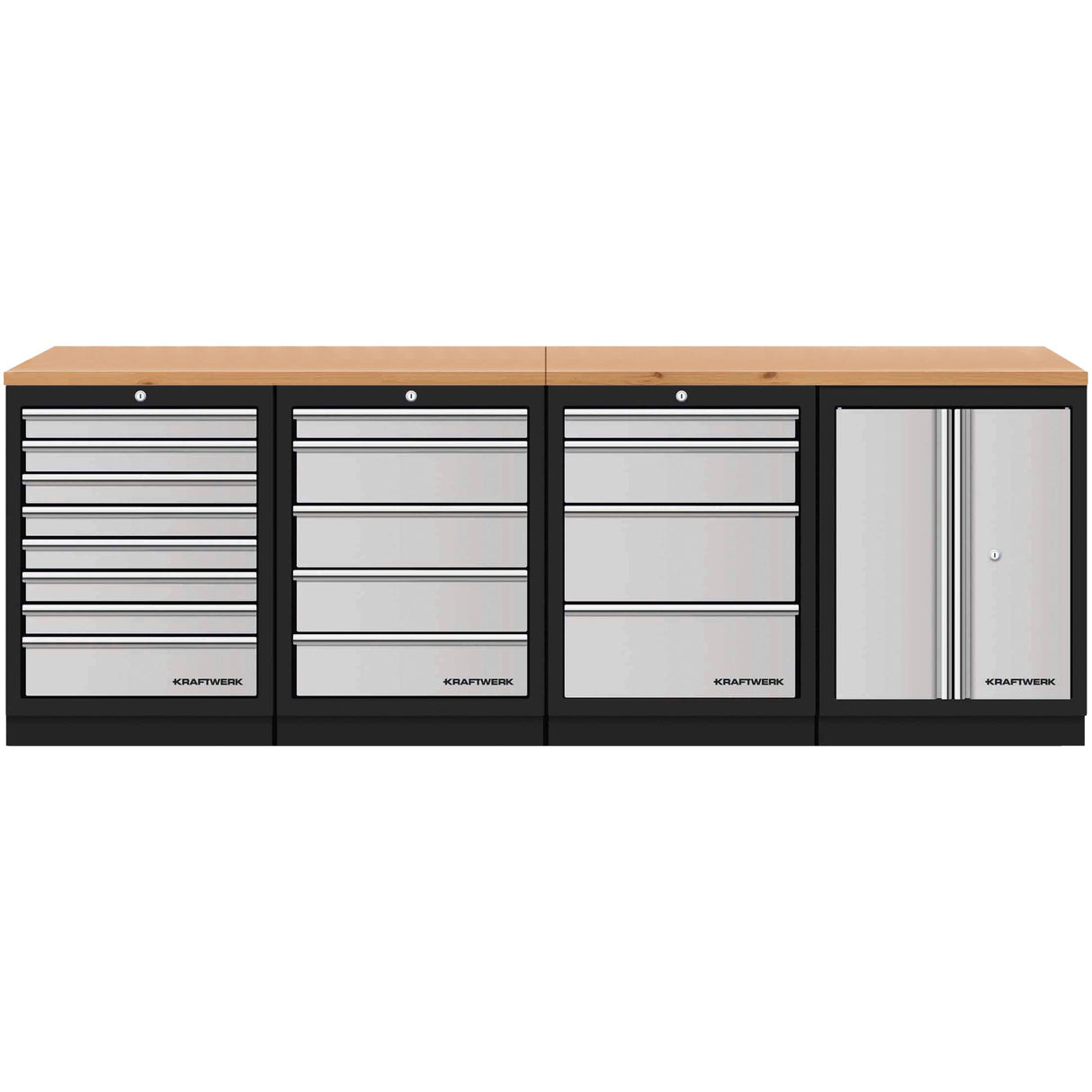 Kraftwerk Mobilio Tiefe 721 mm Werkstatteinrichtung DEEP , Werkbank 4er Unterschrank-Kombi, 17 Schubladen, 1 Schrank, Arbeitsplatte Buche Multiplex
