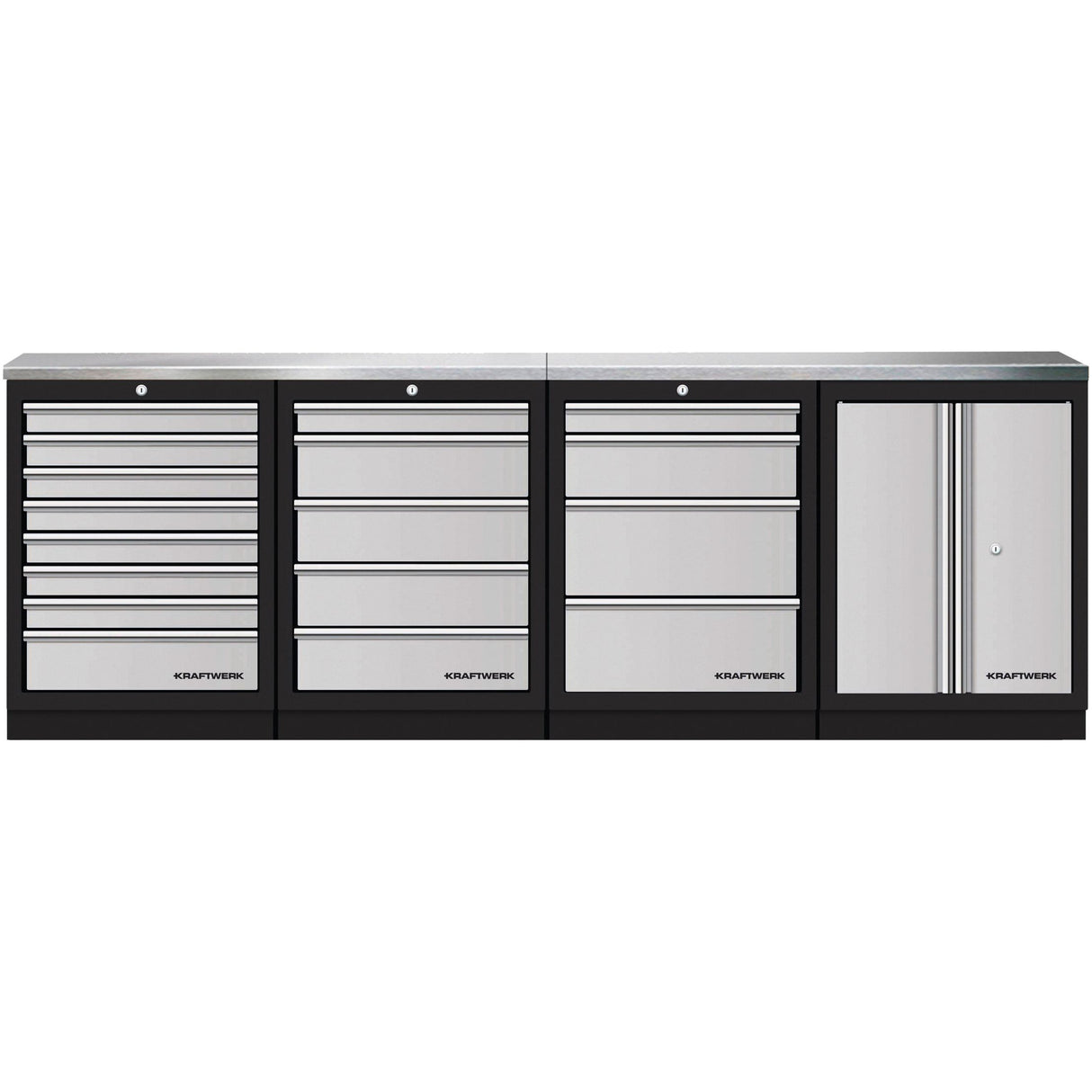 Kraftwerk Mobilio Werkstatteinrichtung, Werkbank 4er Unterschrank-Kombi, 17 Schubladen, 1 Schrank, Arbeitsplatte Edelstahl