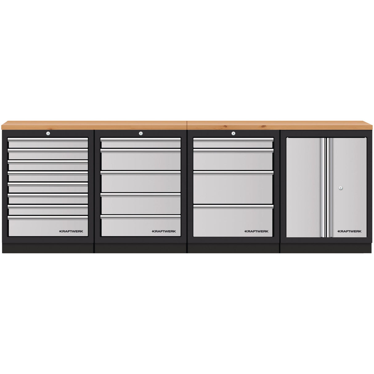 Kraftwerk Mobilio Werkstatteinrichtung, Werkbank 4er Unterschrank-Kombi, 17 Schubladen, 1 Schrank, Arbeitsplatte Buche Multiplex