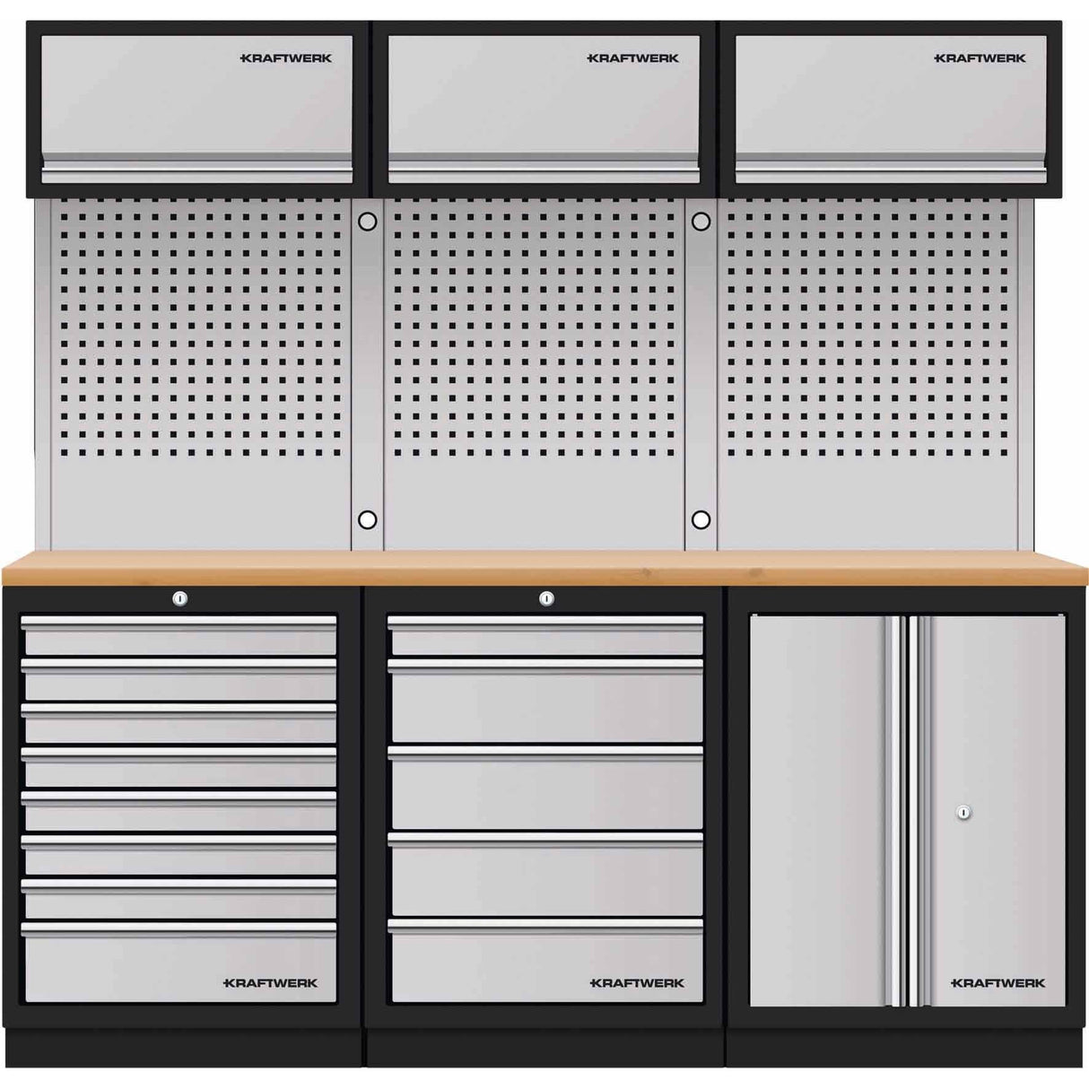 Kraftwerk Mobilio Werkstatteinrichtung, Werkbank 3er Kombi, 13 Schubladen, 4 Schränke, Vierkant-Lochwand, Arbeitsplatte Buche Multiplex