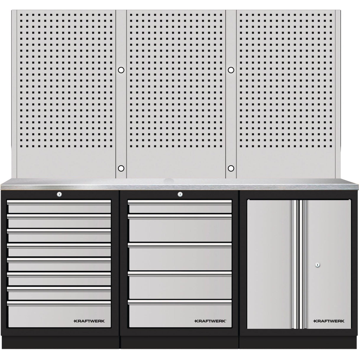 Kraftwerk Mobilio Werkstatteinrichtung, Werkbank 3er Kombi, 13 Schubladen, 1 Schrank, Vierkant-Lochwand, Arbeitsplatte Edelstahl
