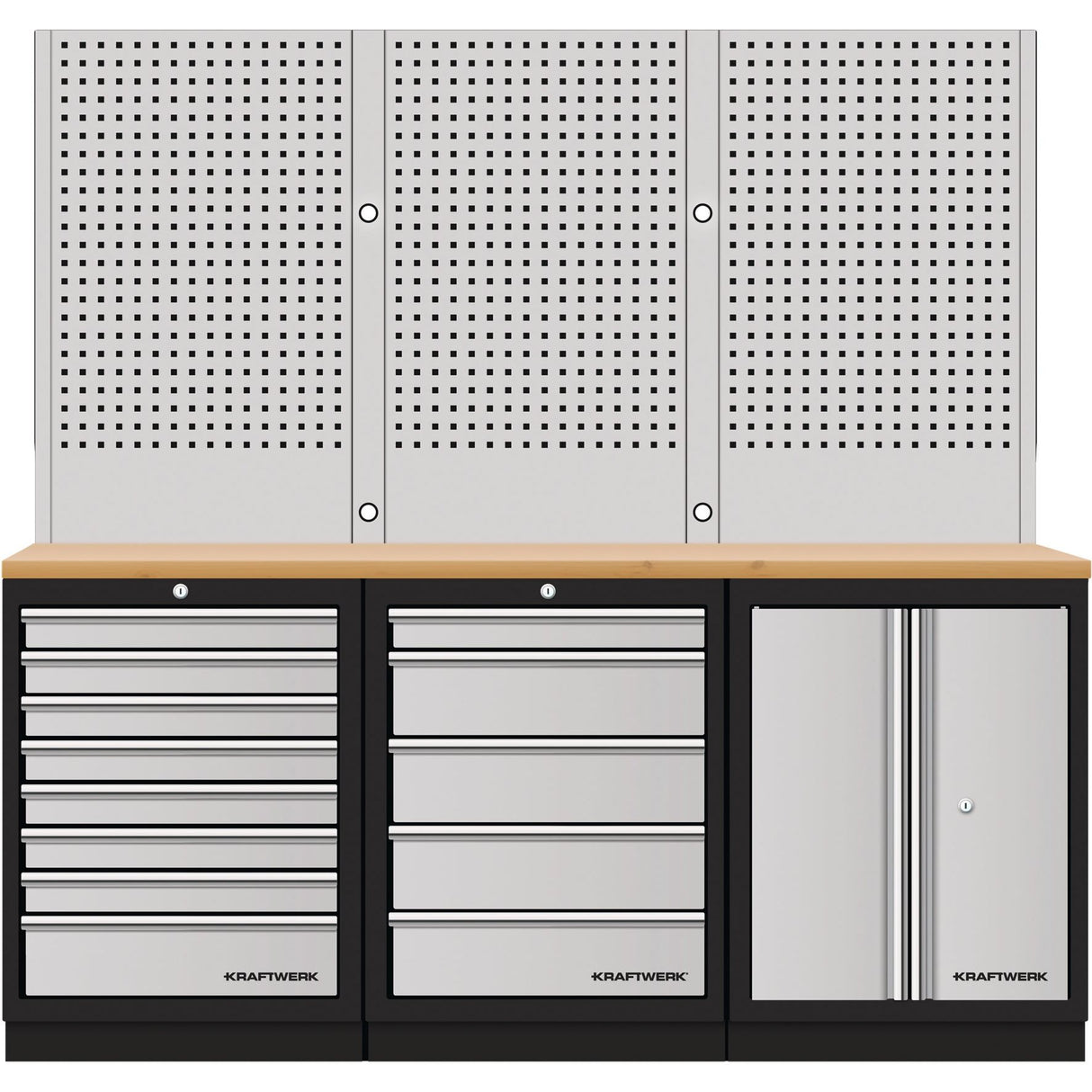 Kraftwerk Mobilio Werkstatteinrichtung, Werkbank 3er Kombi, 13 Schubladen, 1 Schrank, Vierkant-Lochwand, Arbeitsplatte Buche Multiplex