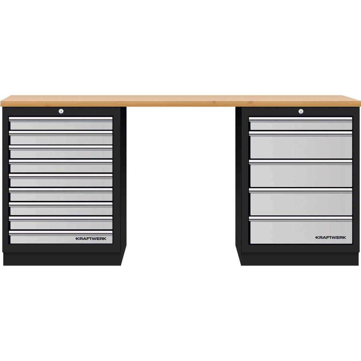 Kraftwerk Mobilio Werkstatteinrichtung, Werkbank 2er Unterschrank-Kombi, 14 Schubladen, Arbeitsplatte Buche Multiplex