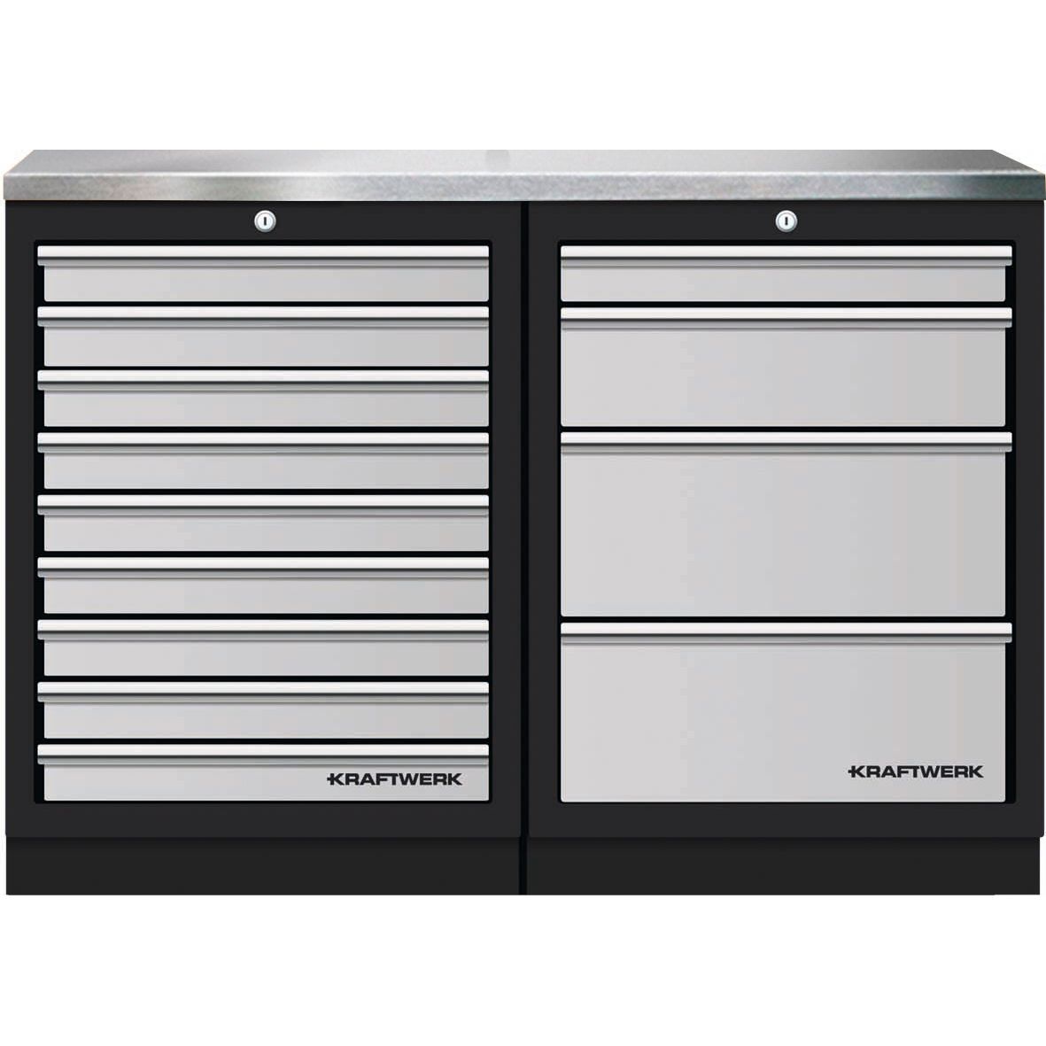 Kraftwerk Mobilio Werkstatteinrichtung, Werkbank 2er Unterschrank-Kombi, 13 Schubladen, Arbeitsplatte Edelstahl