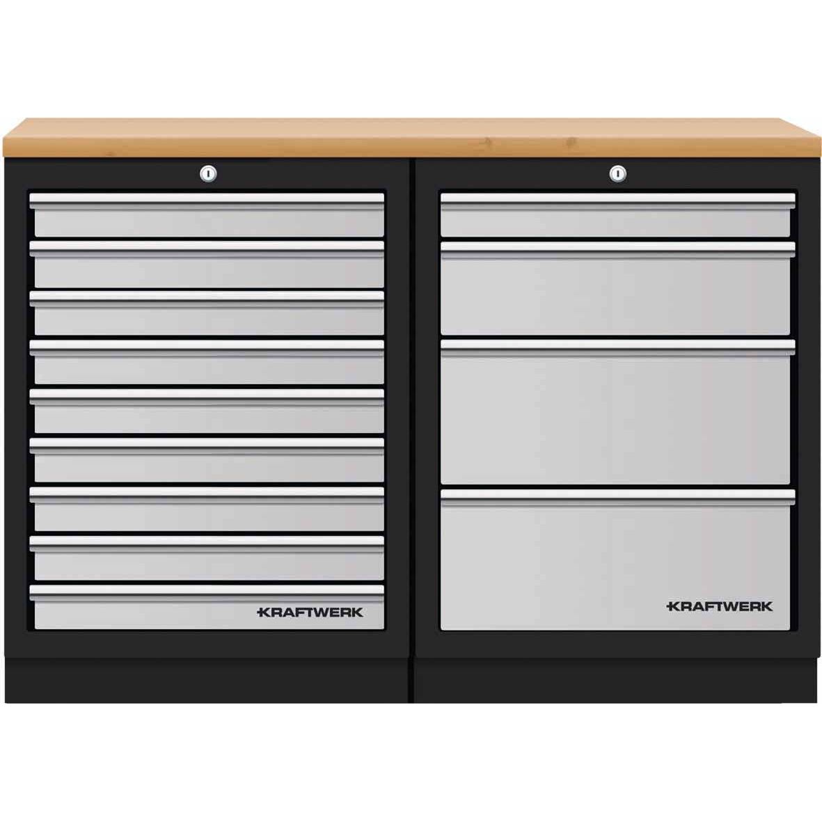 Kraftwerk Mobilio Werkstatteinrichtung, Werkbank 2er Unterschrank-Kombi, 13 Schubladen, Arbeitsplatte Buche Multiplex